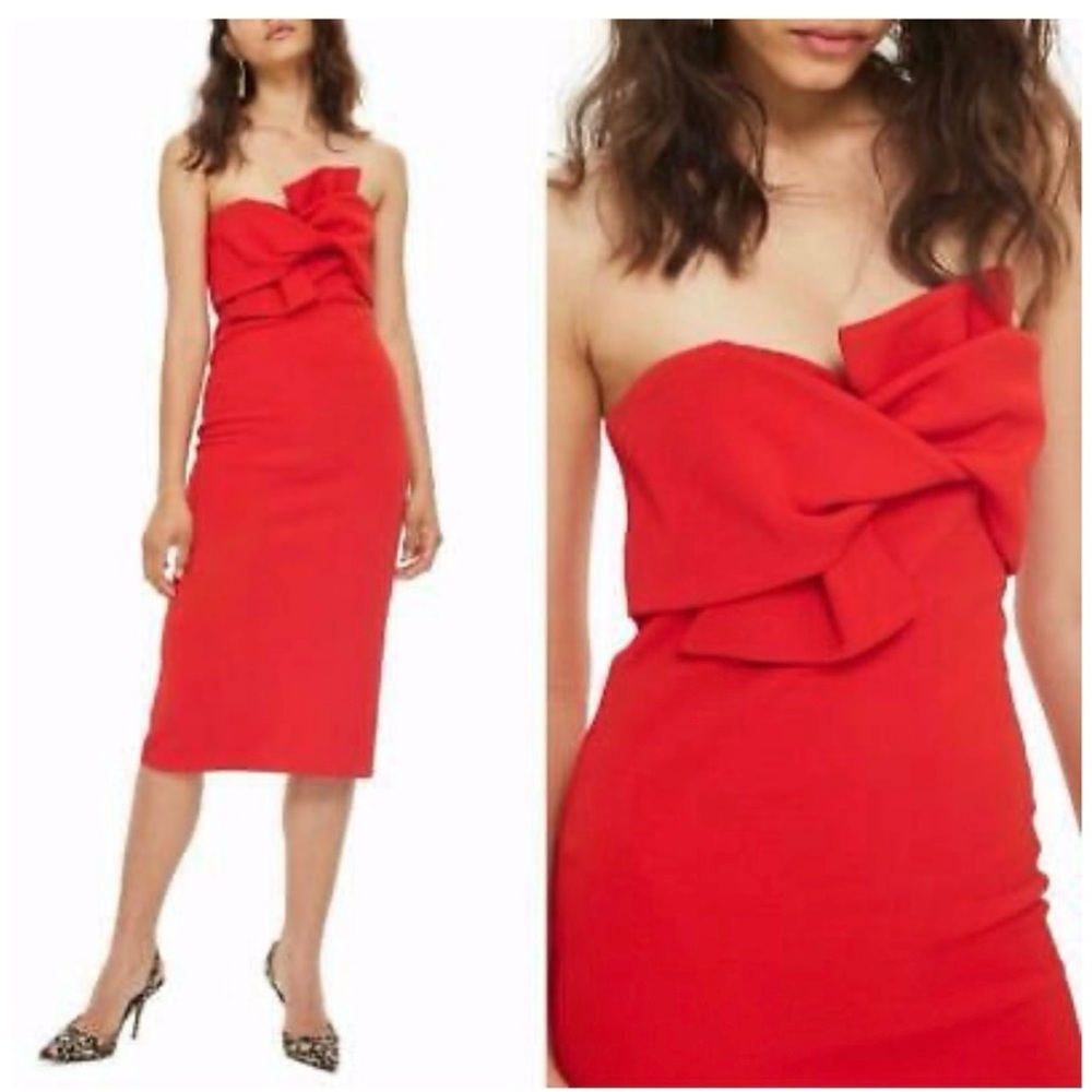 Topshop Red Strapless Ruffle Midi Dress NWT